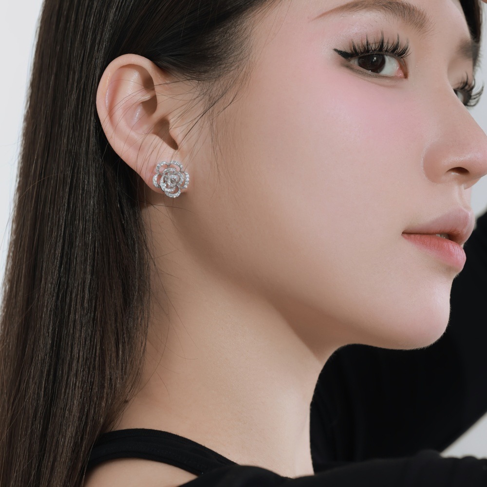 Free Shipping Designer Luxury Jewelry S925 Sterling Silver Earrings Round Zircon Full Diamond Inlaid Rose Flower Versatile Ear Studs Women's Acce