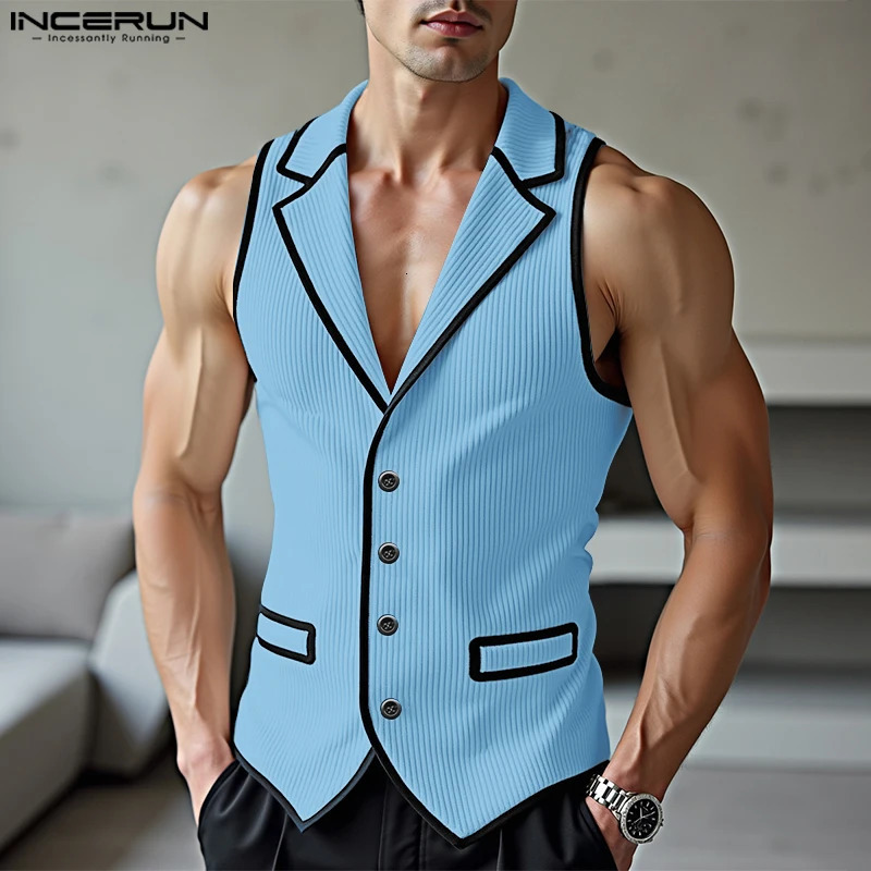 INCERUN Mens Vests Lapel Sleeveless Patchwork Color-block Casual Male Waistcoats Streetwear Button Fashion Men Clothing 250804