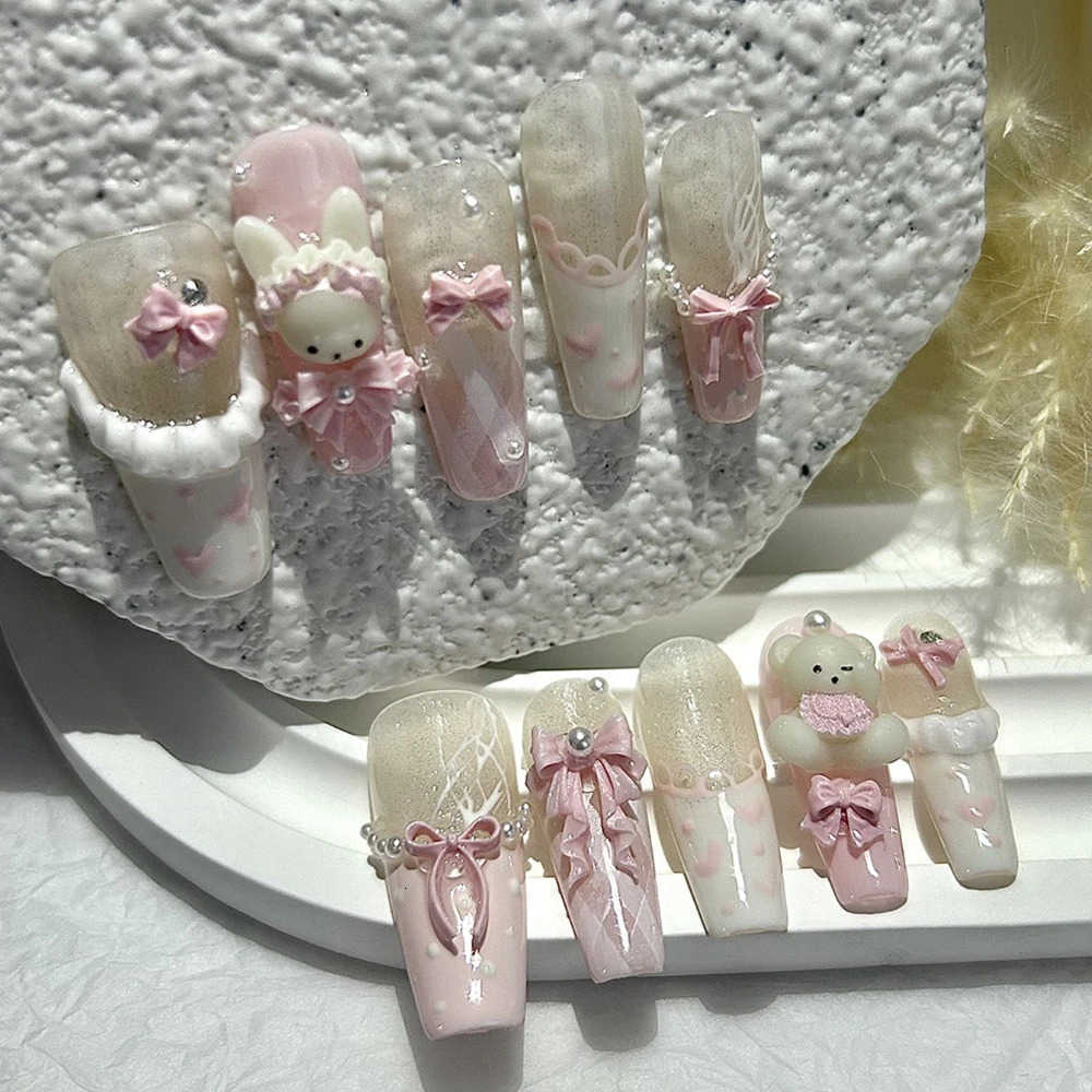 10PCS Cute 3D Bow Teddy Bear Pink French Handmade Press On Nails Kawaii Bunny Long Fake Nails Pearls Heart Glitter Nail Art M250807
