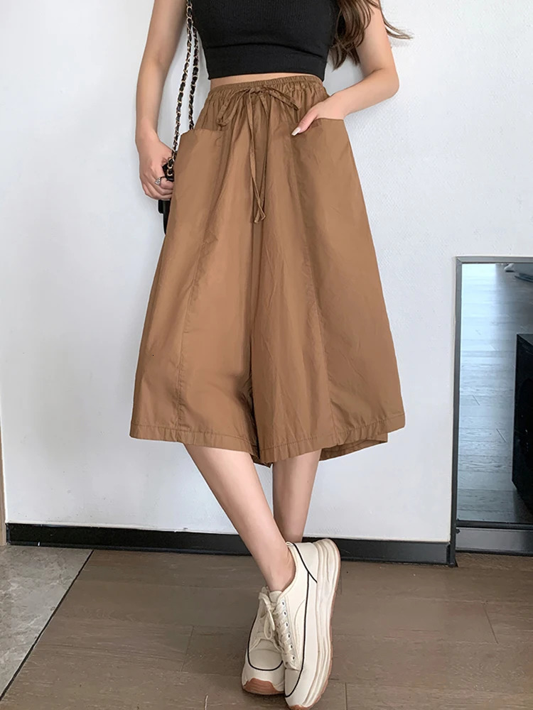 Casual Loose Wide Leg Pants Woman Thin Summer Plus Size Baggy Elastic Waist Lace Up Slacks CalfLength Trousers Culottes 250805