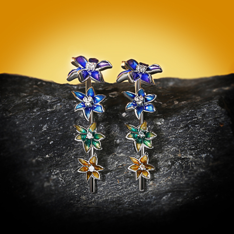 Silver Tone Gradient Enamel Flower Linear Drop Earrings With CZ Accents Artistic And Colorful Outfit Accessory Gift For Her Exquisite And Eye-Catching