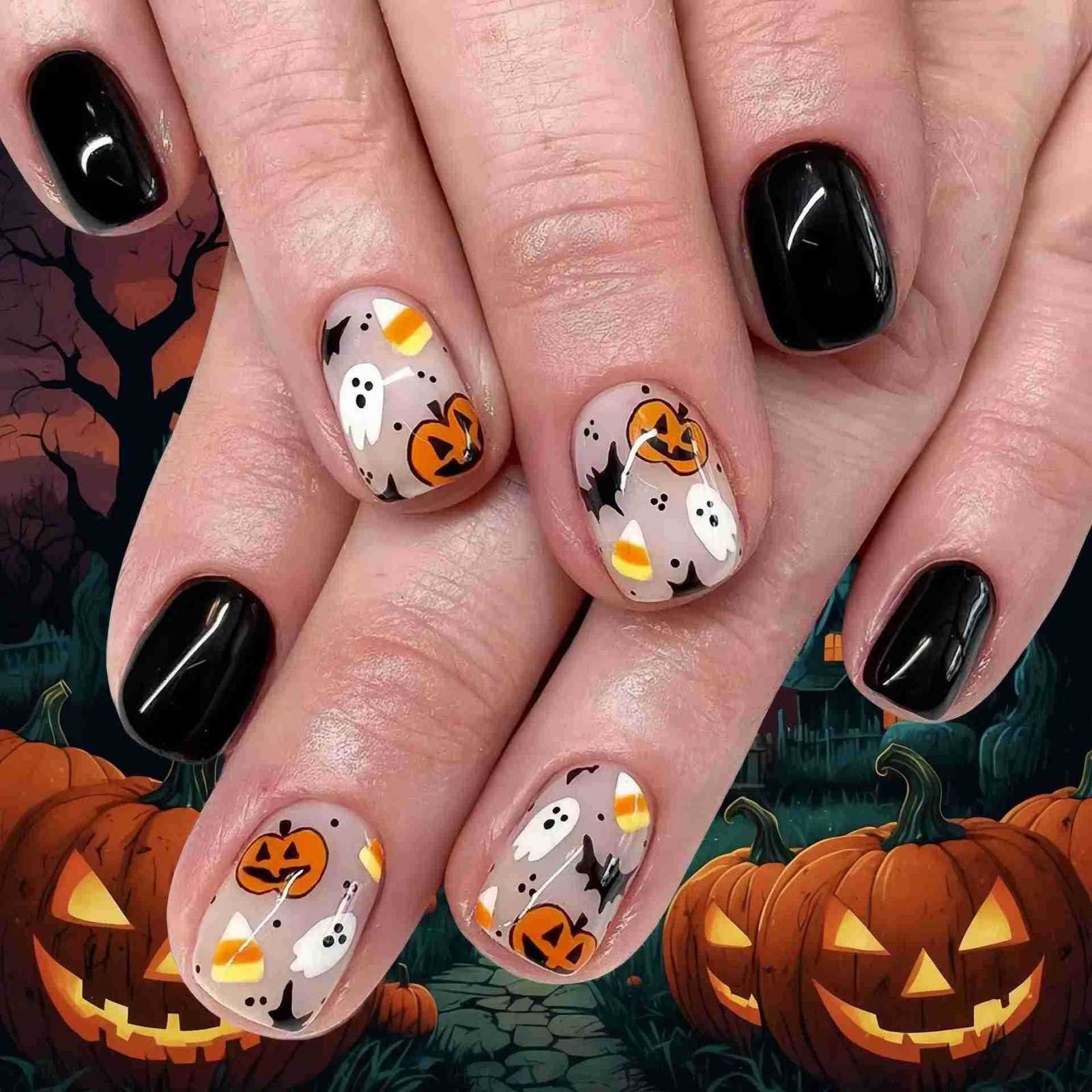 24PCS Glitter Powder Short Square Press-on Nails Sweet Cool Ghost Bat Web Patterns French Wearable False Nails Halloween Z250807