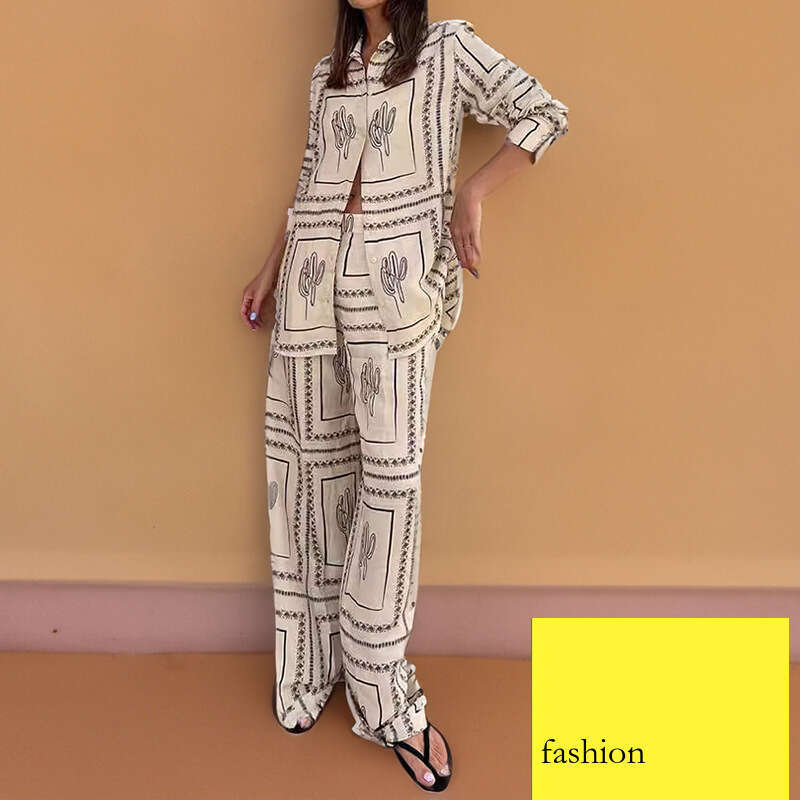 Women's Printed Long Sleeve Shirt Wide Leg Pants Early Autumn Lazy Style Fashion Set Homewear B5 h7
