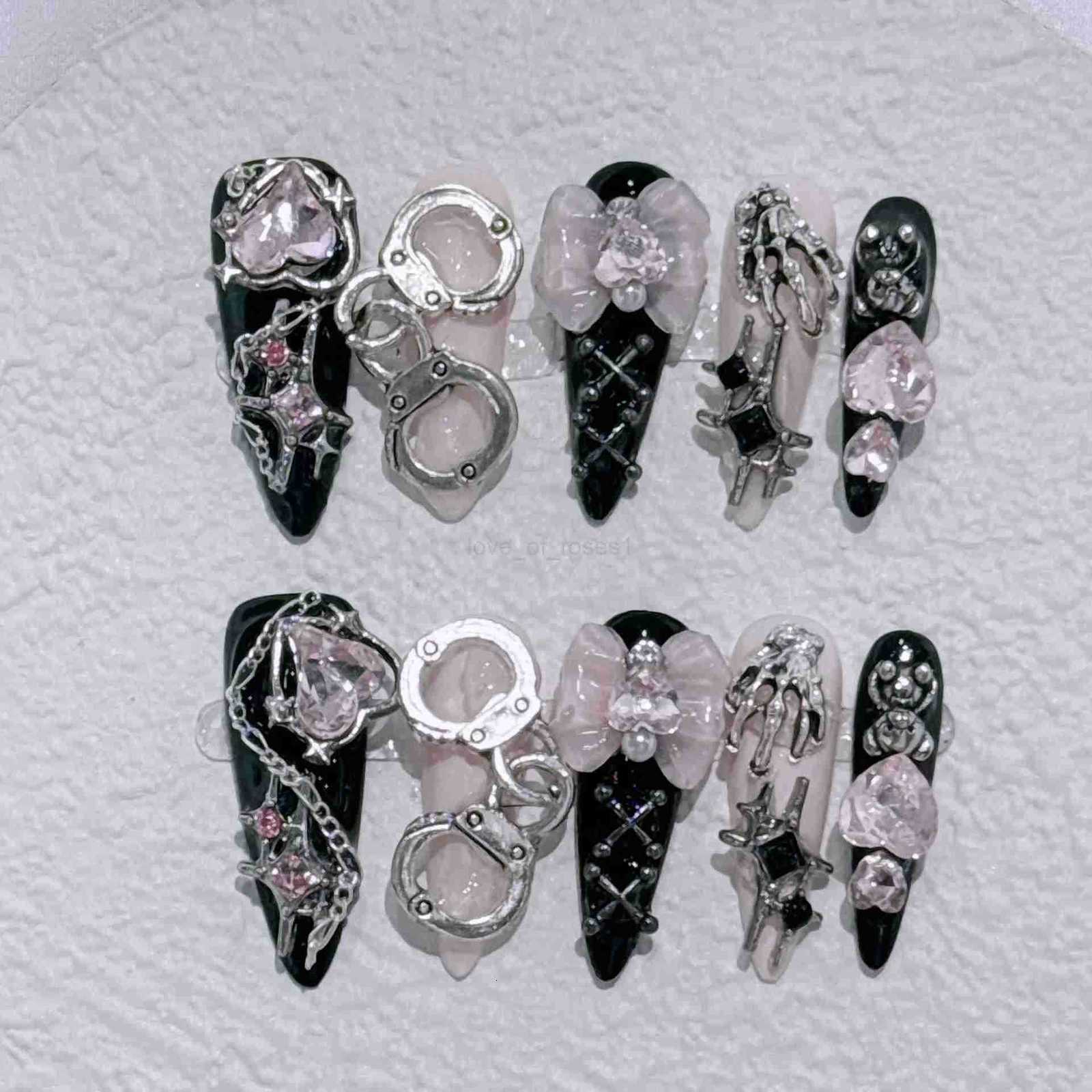 10pcs Stiletto Almond Press On Nails Dark Black Fake Nails With Butterfly Star Design Hot Girl Detachable Full Cover Nail Art Tip Z250807