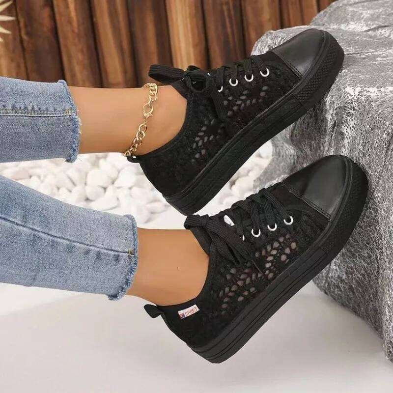 Women 2025 Fashion designer Summer Casual White Cutouts Lace Canvas Hollow Breathable Platform Flat Shoes Woman Sneakers