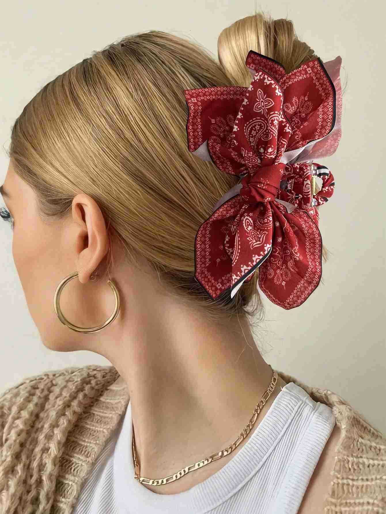 1pcs Bohemian Versatile Unique Hair Clip Red Cashew Flower Bow Grab Clip Sweet Clip Resort Ponytail Clip Fashion Headwear U250807