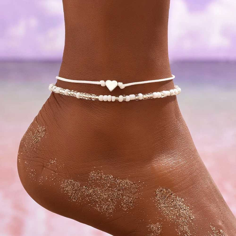 Boho Anklet Foot Colorful Beads Chain Summer Heart Pendant Charm Anklet Sandals Barefoot Beach Foot Bridal Jewelry J027 Y250805