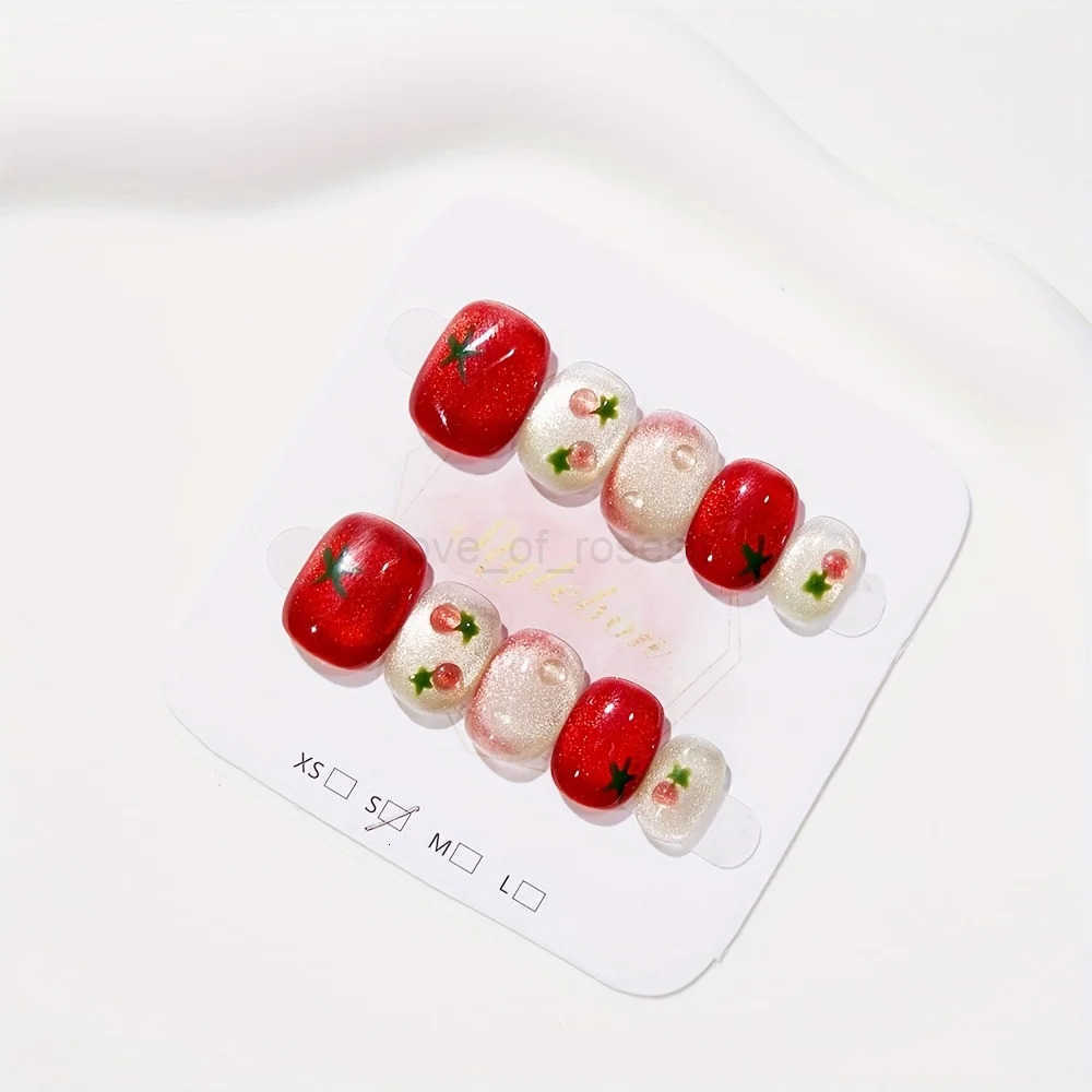 10pcs Festive Red Oval Short Press-On Nails with Cute Tomato Design Glossy Finish Holiday Nail Art Set for Women and Girls Wear Z250807