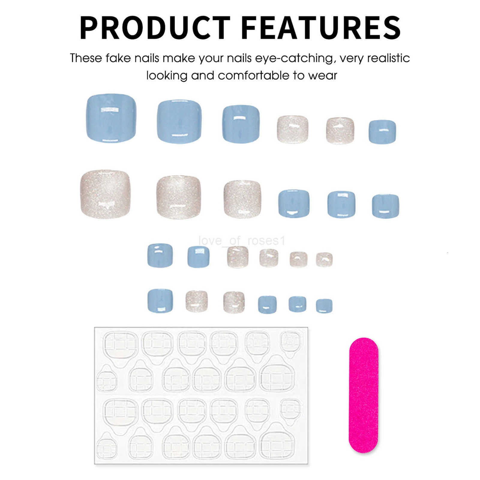 Summer Blue Fake Toenails Glossy Sequins Designs 24Pcs Short Press On Nails For Barefoot Decor Diy Manicure False Nails Art Z250807