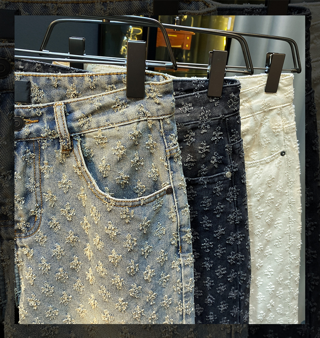 Mens five point pants 2024 loose straight wide leg perforated jacquard highend casual denim shorts