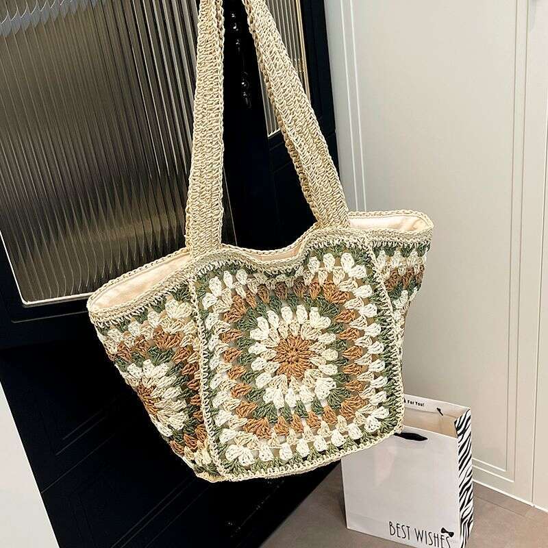 Handmade Crocheted Straw Woven Tote Large Capacity Shoulder Bag Cute Temperament Girl