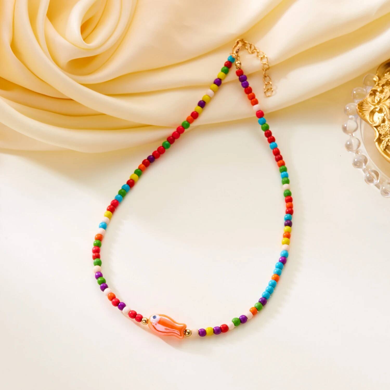 Bohemian Handmade Colorful Ceramic Fish Beaded Necklace for Women Unisex Rice Beads Choker Summer Beach Party Jewelry Gift Jewelry for Women