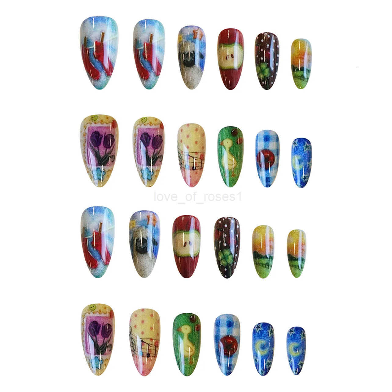 24pcs Cute Cartoon Fake Nail Tips Oil Painting Series Printed Almond Press On Nails Sweet Cool Charming False Nails For Spicy Girl Z250807