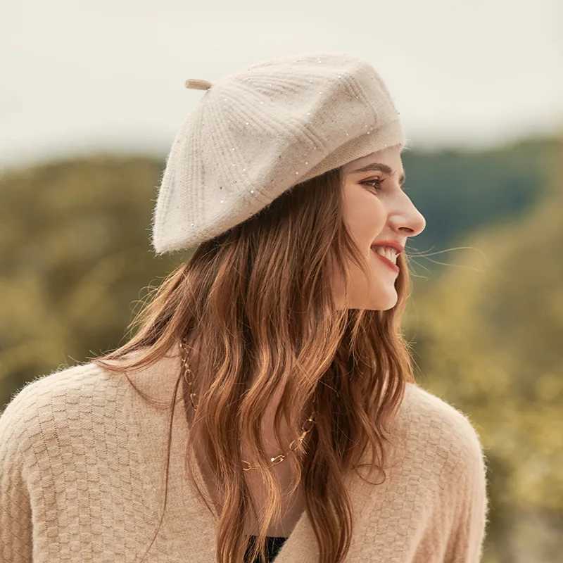 Elegant Retro Knitted Beret Hats Women Ladies Sequins Knit Painter Berets Fashion Artist French Berets Solid Color XJ250807