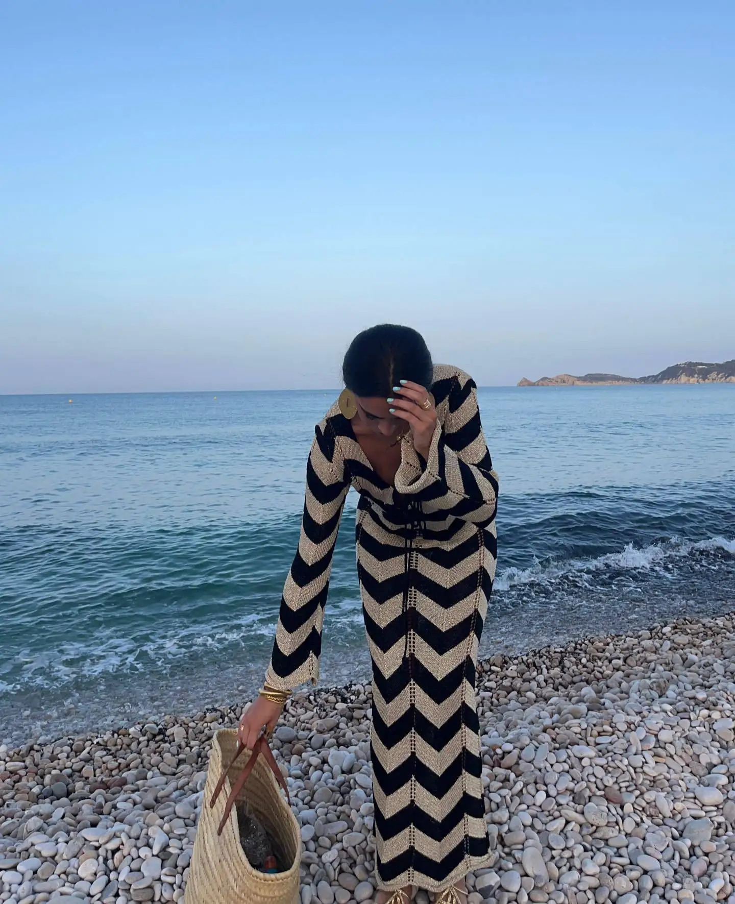 DRC Womens Stripled Long Sleeve Slim Elegant Knitted Maxi Dress V Neck Autumn Lace Up Hollow Sexy Beach Cover Up Dress 250805