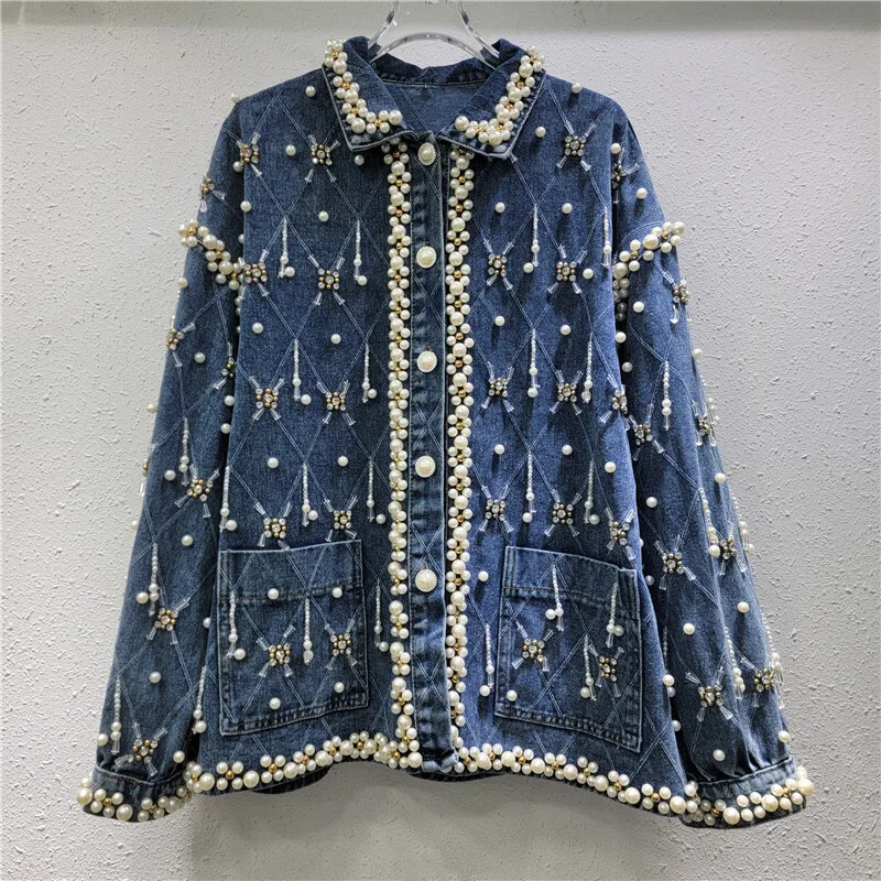 WTHT Trendy Womens Diamonds Pearl Loose Denim Jakcet Spring Fashion Lapel Long Sleeves Coat Female 1LS767 250804