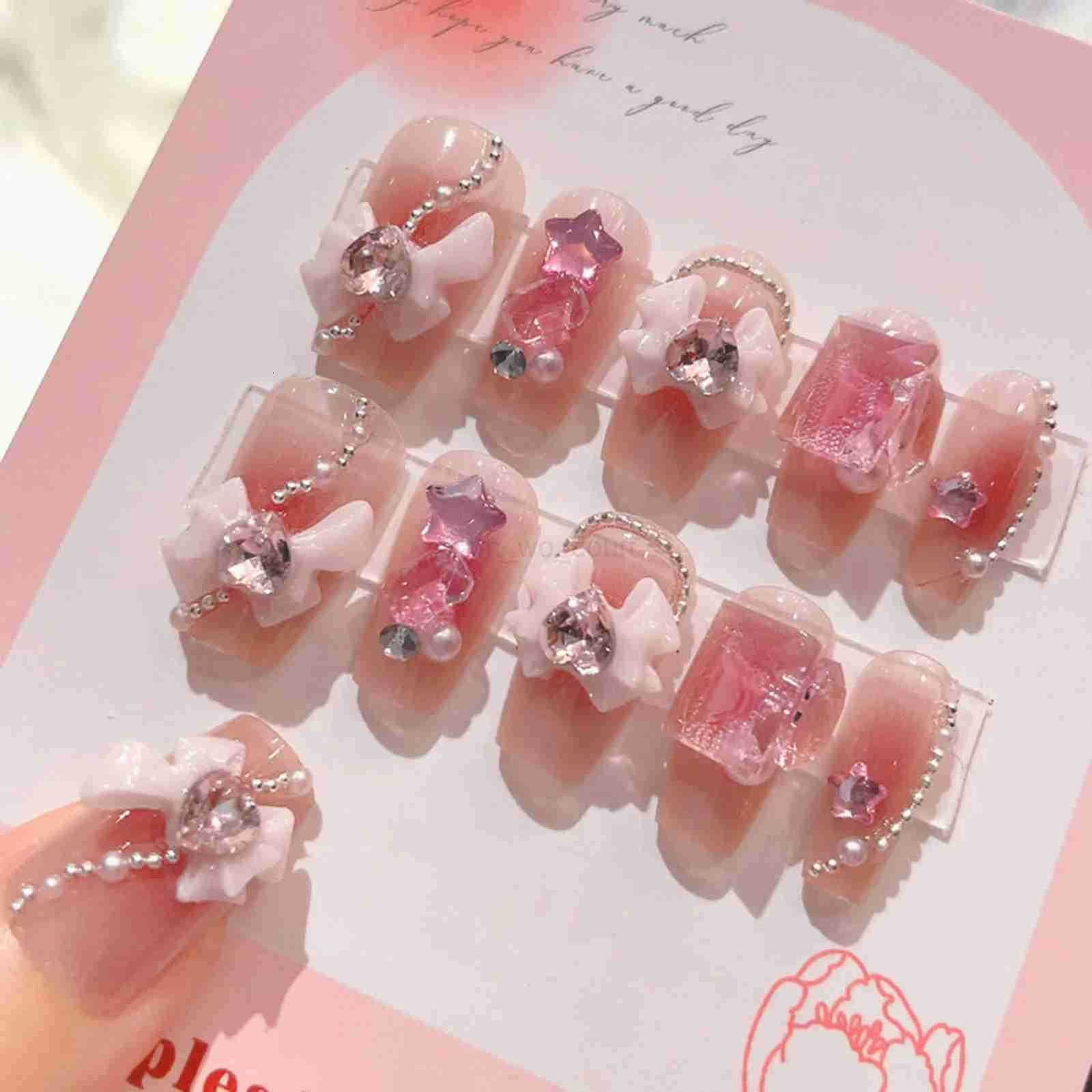 24pcs Sweet Cute Bow False Nails with Pink Crystal Design Korean Fake Nail Tips for Girls Ladies Wearable Full Cover Press on Nails M250807