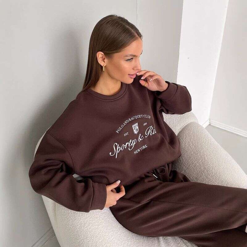 designer leisure Women's Clothing Lazy Style Round Neck Pullover Letter Embroidered Sweatshirt With Straight Drawstring Sweatpants For Women Suit