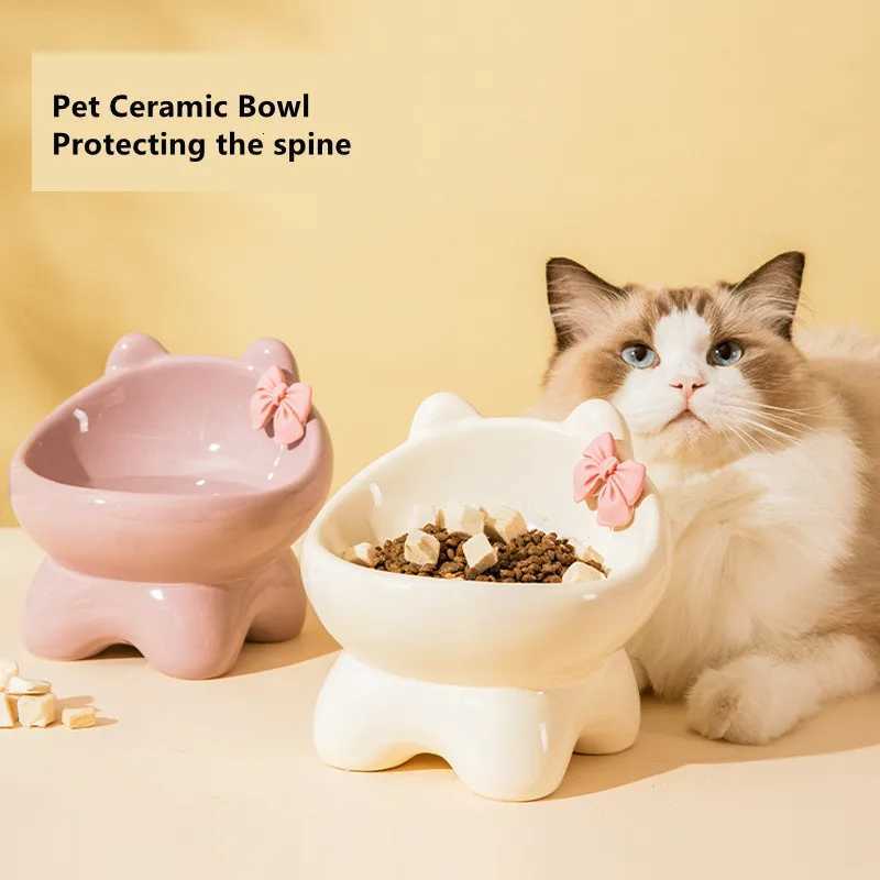 Cat Bowl Ceramic Dog Feeder Dish Pet Bowls Cute Bow Cat Food Bowl Anti-Fall Flip Bowls Non-slip Multiple Colors Pet Supplies Y250806