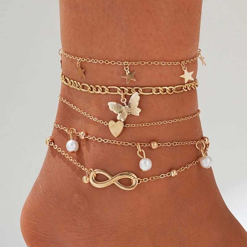 4Pcs Bohemian Summer Beach Anklet Set For Women Vintage Gold Color Pearl Butterfly Star Heart Pendant Charm Chain On Leg Jewelry Y250805