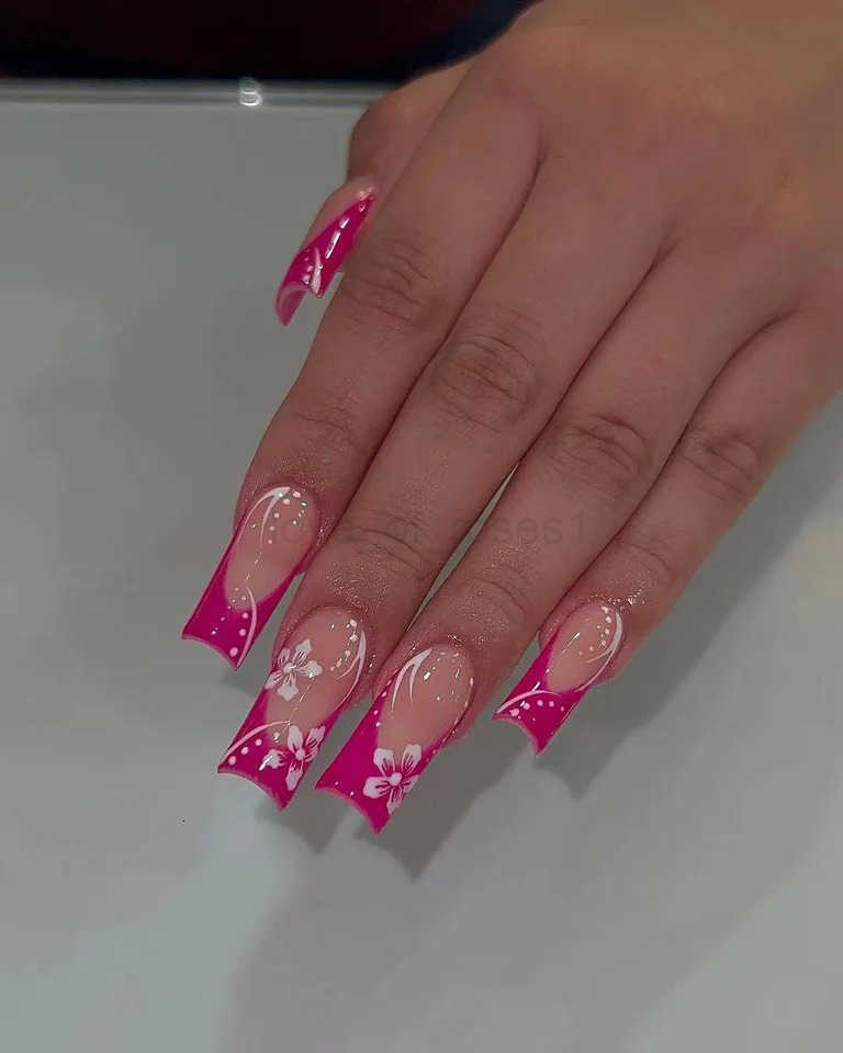 24 Sweet Cherry Blossom Red Printed Coffin Full Cover Fake Nails French White Suitable for Womens Daily Wear 1 Nail File and Z250807