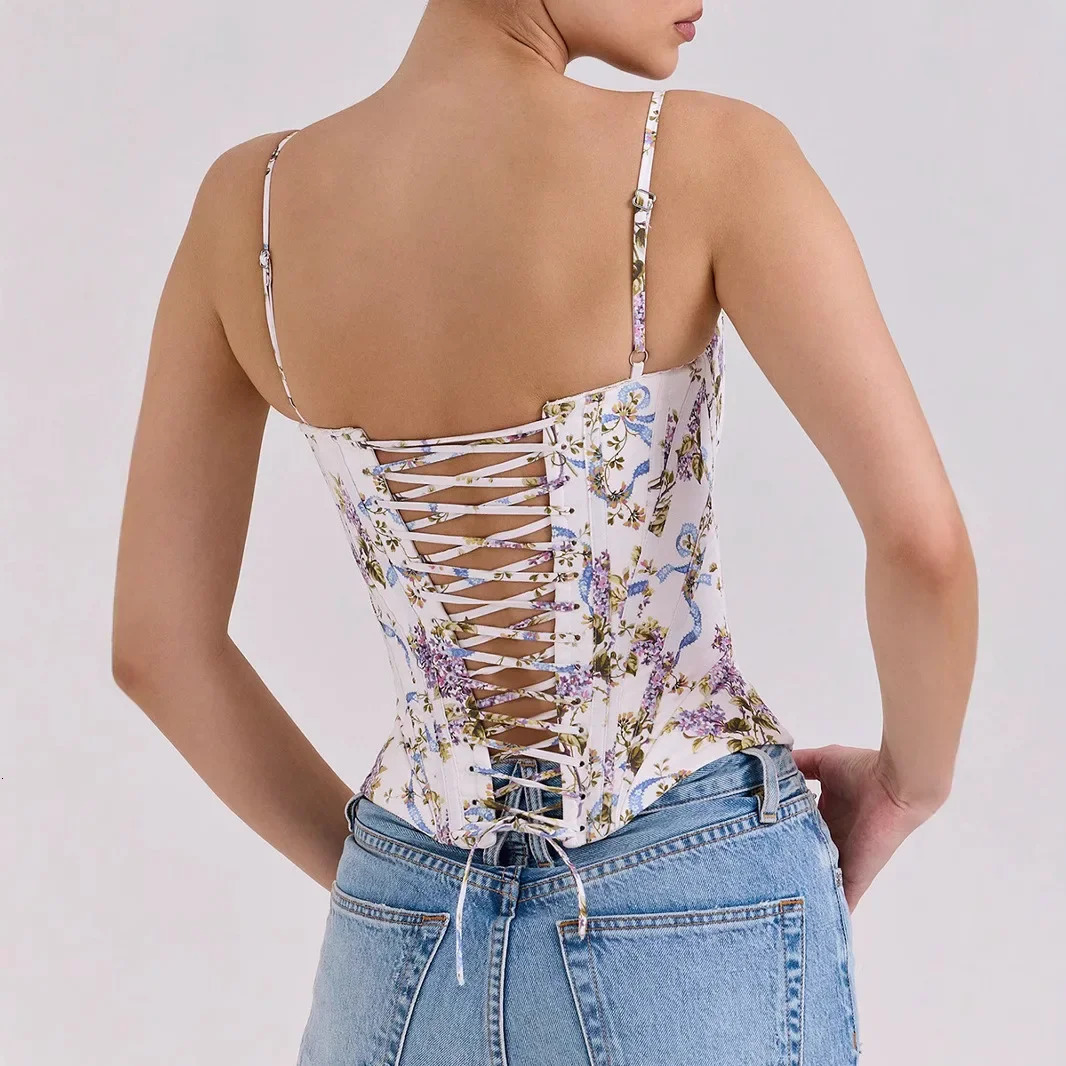 Oligai Summer Cropped Top Women 2025 Arrivals Floral Print Sexy Corset Short Lace Up Camis Clothing 250807