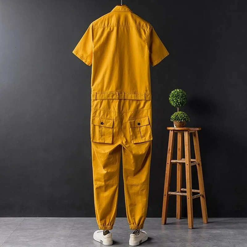 Summer Solid Short Sleeve Pockets Mens Jumpsuits Casual Full Length Pants Costumes Loose Unisex Fashion Cargo Overalls 250804