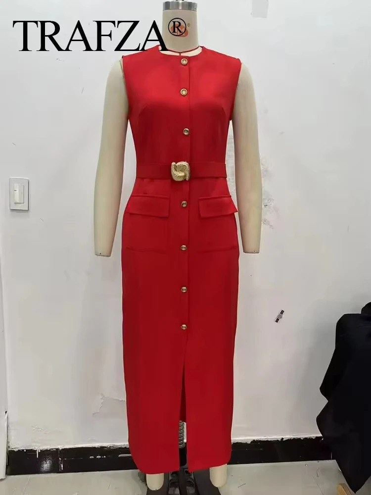 TRAFZA Female Summer Elegant Midi Dress ONeck Hem Slit With Belt Sleeveless Single Breasted Back Zipper Fashion Long 250807