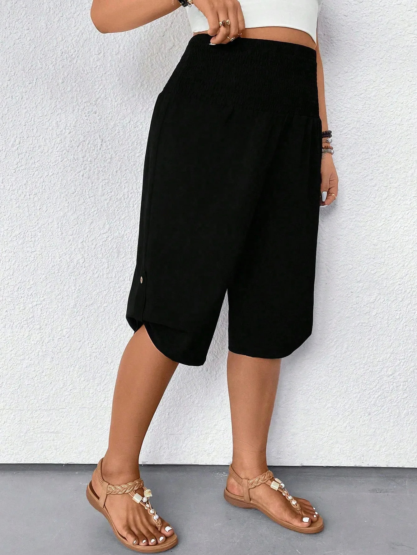 2025 Plus Size Fashion Selection Black Side Button Loose Mid Length Pants Sizes Available The HighWaisted n y250805