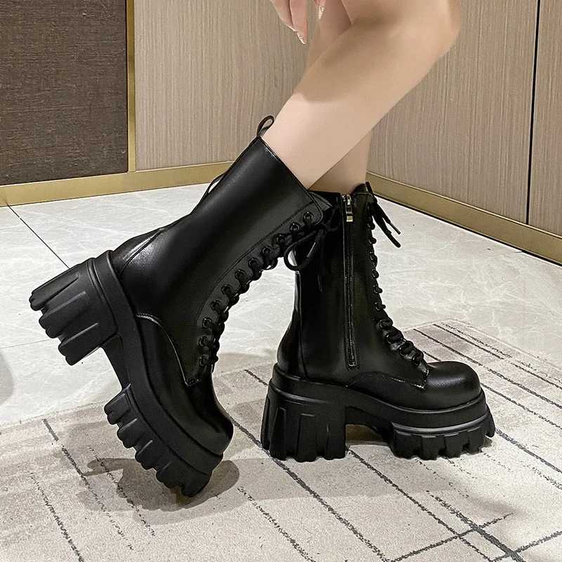 9CM Chunky Platform Ankle Boots Women 2024 New Autumn Winter Motorcycle Boots Women Thick Bottom Non-Slip Leather Combat Boots XJ250807