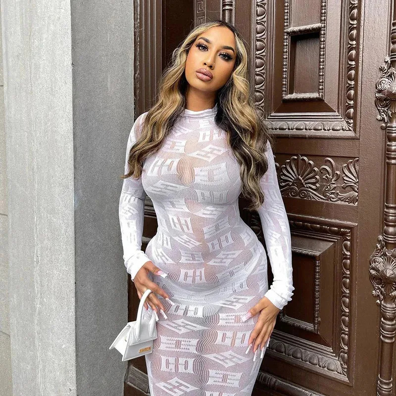 See Through Long Dress Women Sexy Long Sleeves Dresses Body-shaping Vestido Female Party Night Club Clothing Black White Dresses 250728