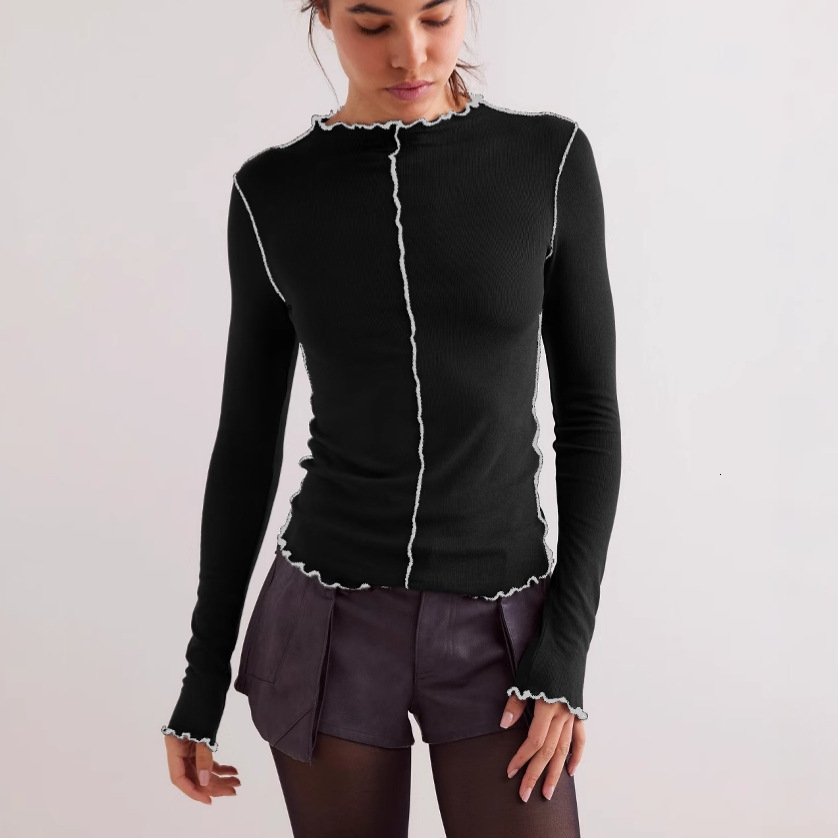 Patchwork Slim Fit Long Sleeve T-Shirt Top Design Sense Base Shirt Color Block Women's Ruffled Edge