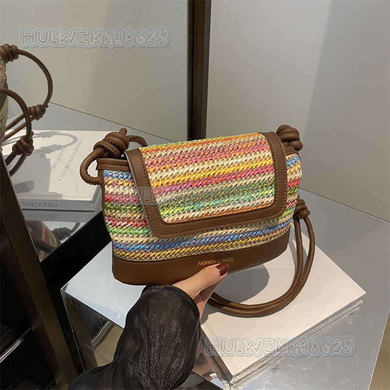 2024 Rainbow Straw Small Bag for Women New Trendy Summer Fashion Woven Shoulder Crossbody Bucket Bag H250806