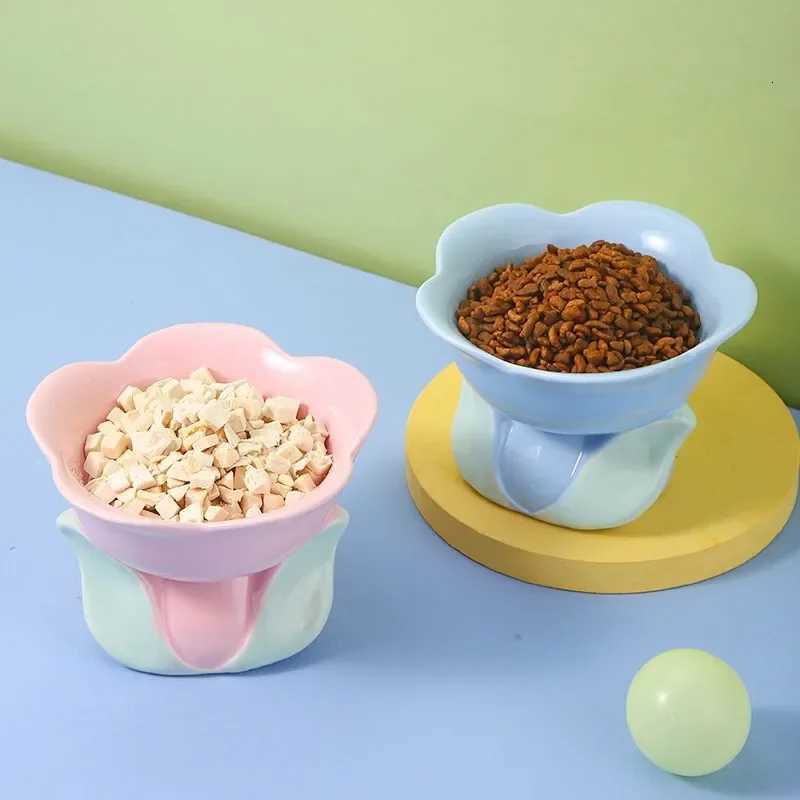 Cute Ceramic Cat Bowl High Foot Plate Non-slip Flower Shape Dog Puppy Feeder Feeding Food Water Protection Cervical Pet Supplies Y250806