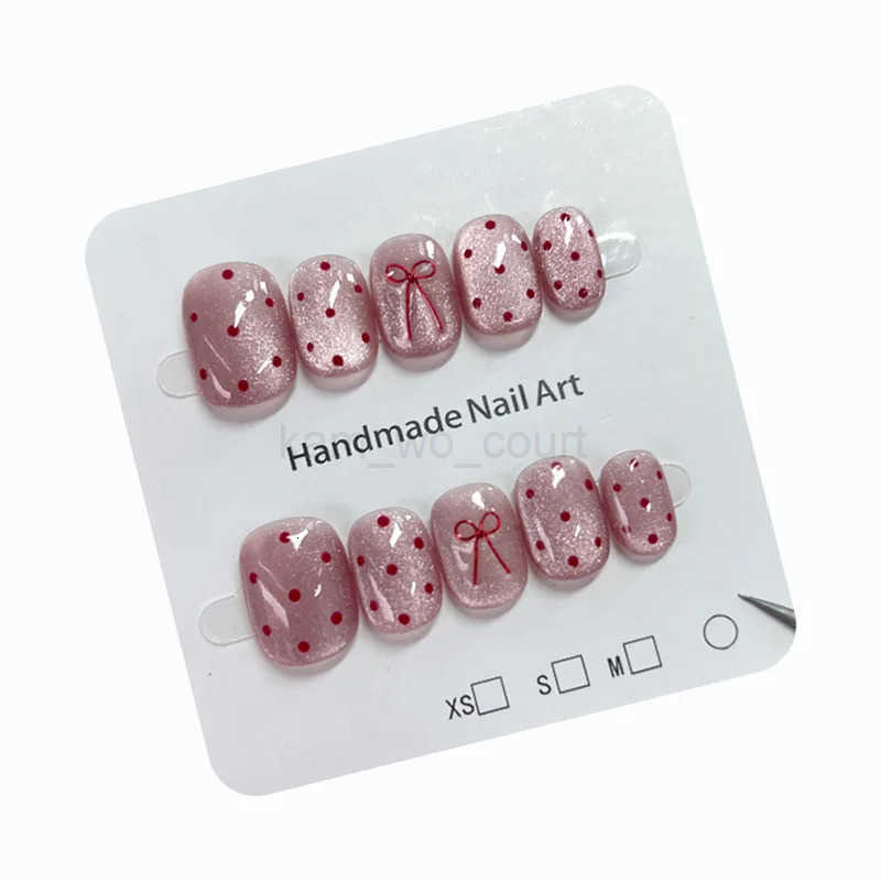 10pcs Ballet Short Nail Tips Set - Glossy Finish Polka Dot Solid Color Designs with 3D Bow Accents Nail Art for Women and Girls M250807