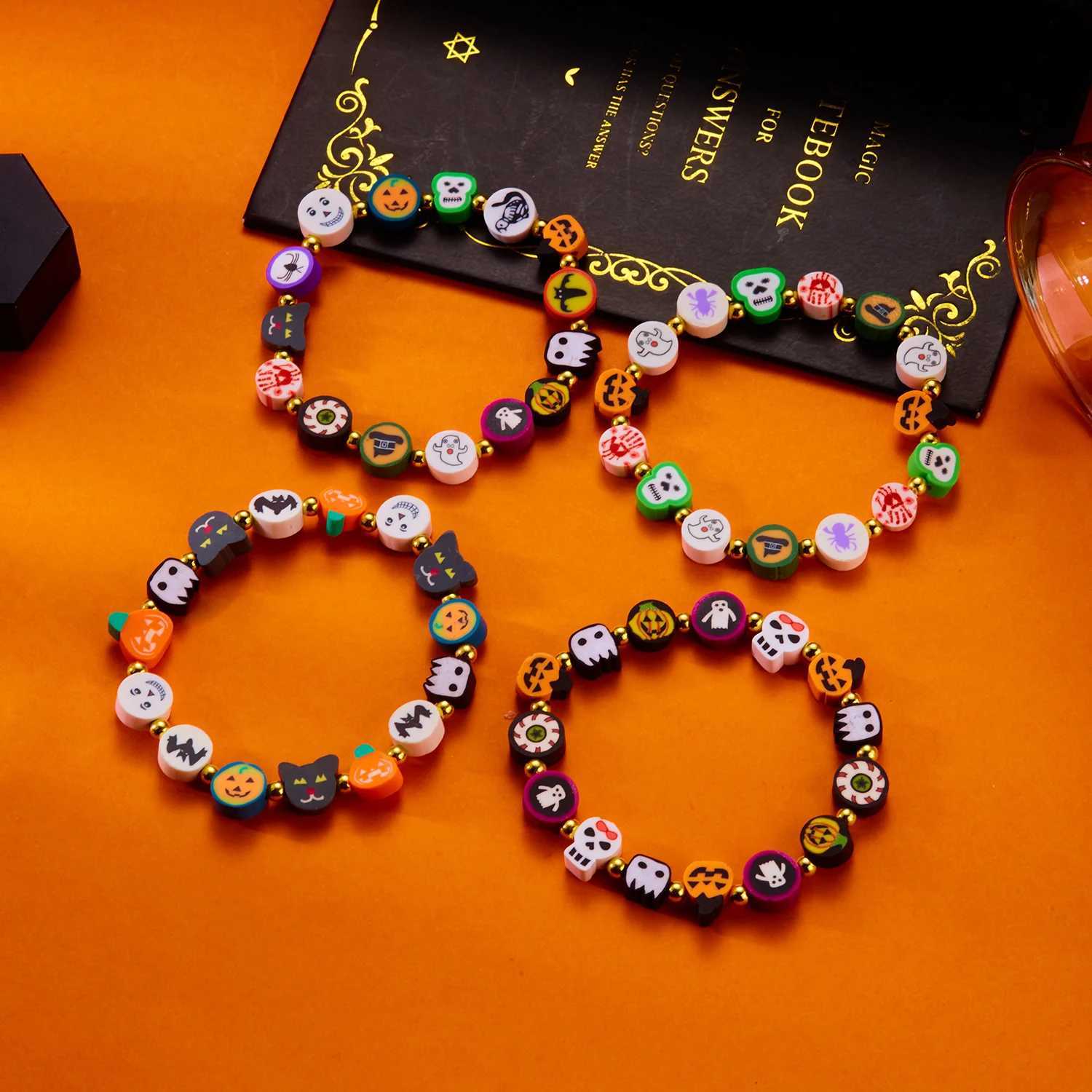 Halloween Cute Cartoon Pumpkin Ghost Skull Beaded Bracelet for Women Men Kids Resin Charm Jewelry Festival Family Gift W250807