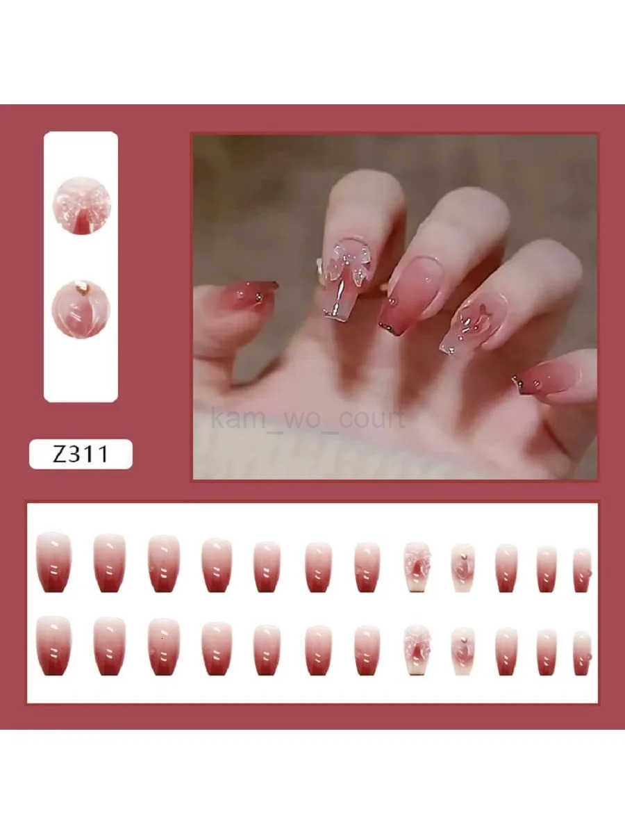 24PCS/1 BOX Gradient Patch Love Peach Bow See Photochromic Stereo Wear Nail Fake Nail M250807