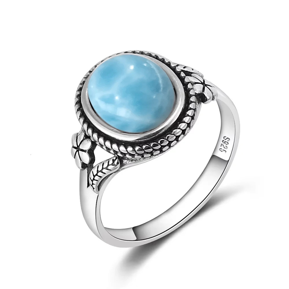 Vintage 925 Silver Ring Natural Larimar Stone Ring Round Flower Shape Sky Blue Summer Ring Fine Jewelry Gift for Men Women 250730