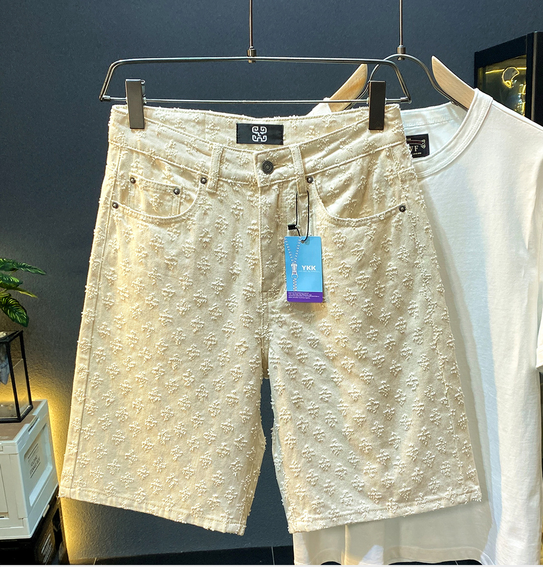 Mens five point pants 2024 loose straight wide leg perforated jacquard highend casual denim shorts