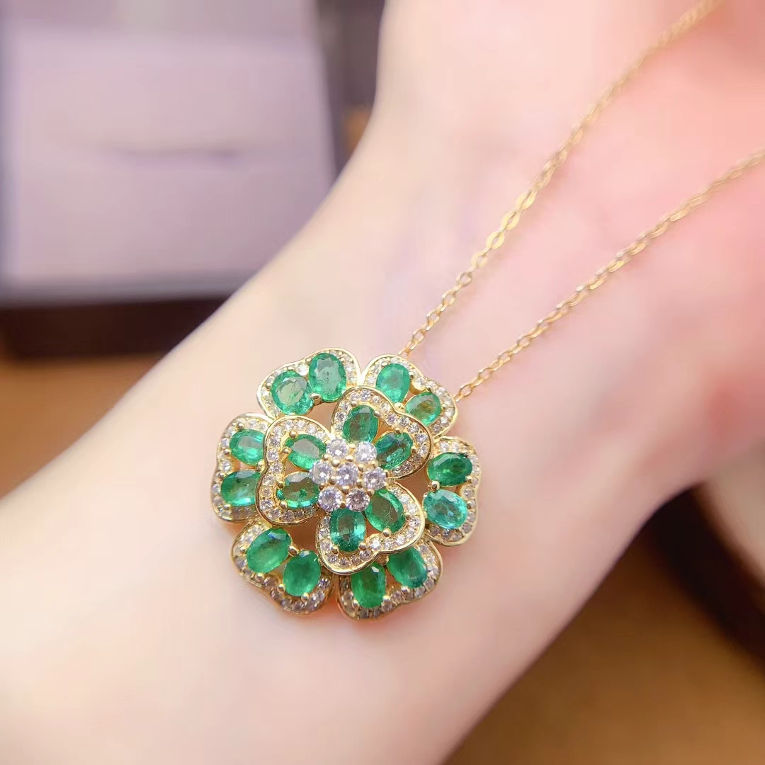 Luxury 925 silver emerald pendant for wedding 18 pieces 3mm*4mm natural emerald silver necklace pendant with 18K gold plating