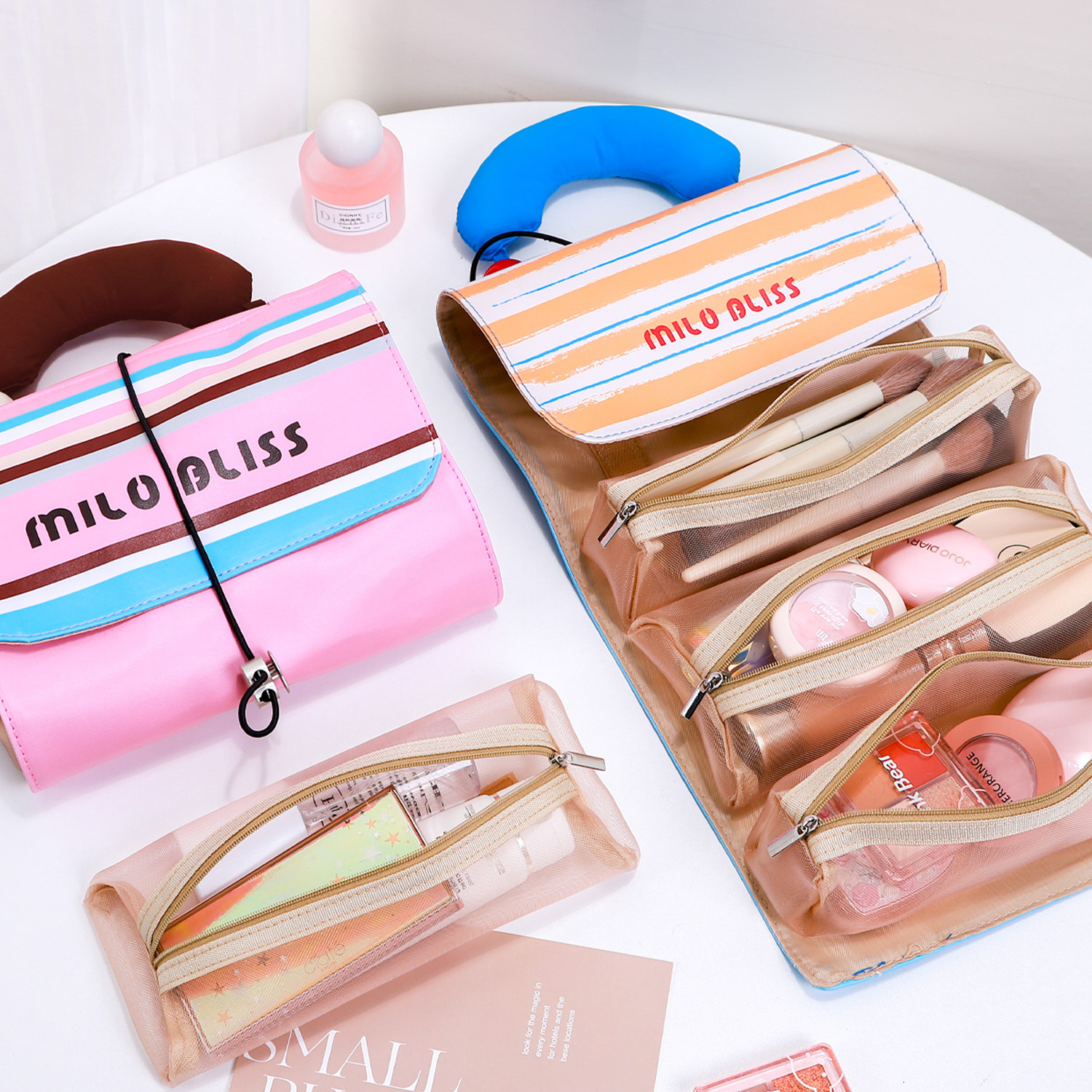 Free Shipping Designer Luxury Women's Makeup Bag Large Capacity Handbag Cute Color-block Striped Handheld Waterproof Toiletry Bag Storage Bag