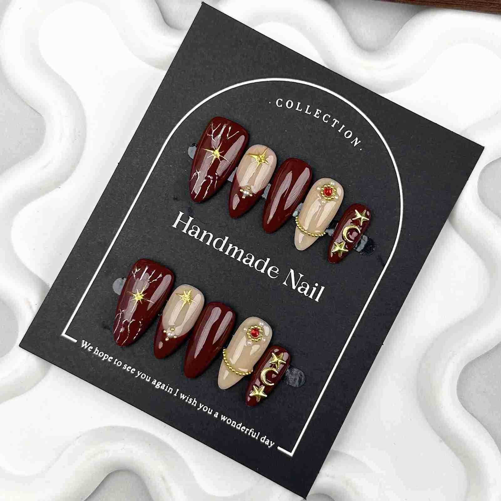 10pcs Nude Wine Red Press On Nails With Pearl Star Moon Shaped Almond Fake Nails For Women And Girls Nail Salon Detachable M250807