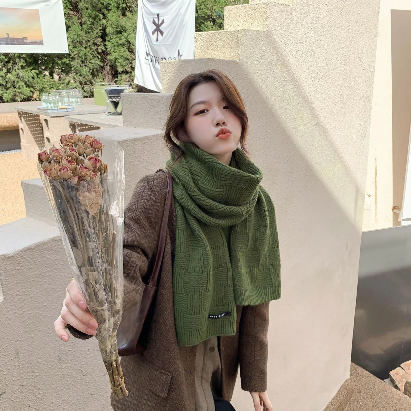 Unisex Knitted Wool Scarf for Women Men Winter Warm Solid Dark Green Red Plaid Small Check Pattern Versatile Neck Warmer 250806