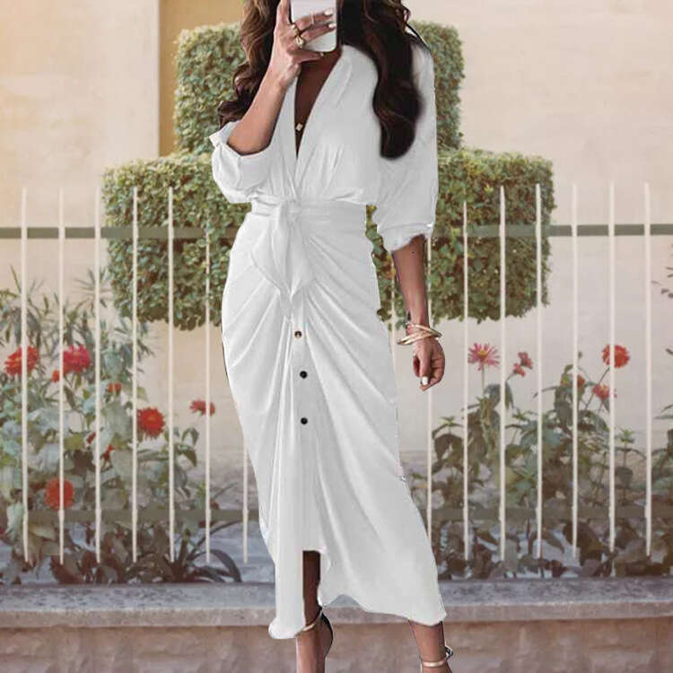 Women's Fashion New INS Style Three-Quarter Sleeve Sexy Printed Ruched V-Neck Tie Winter Dress B5 h7