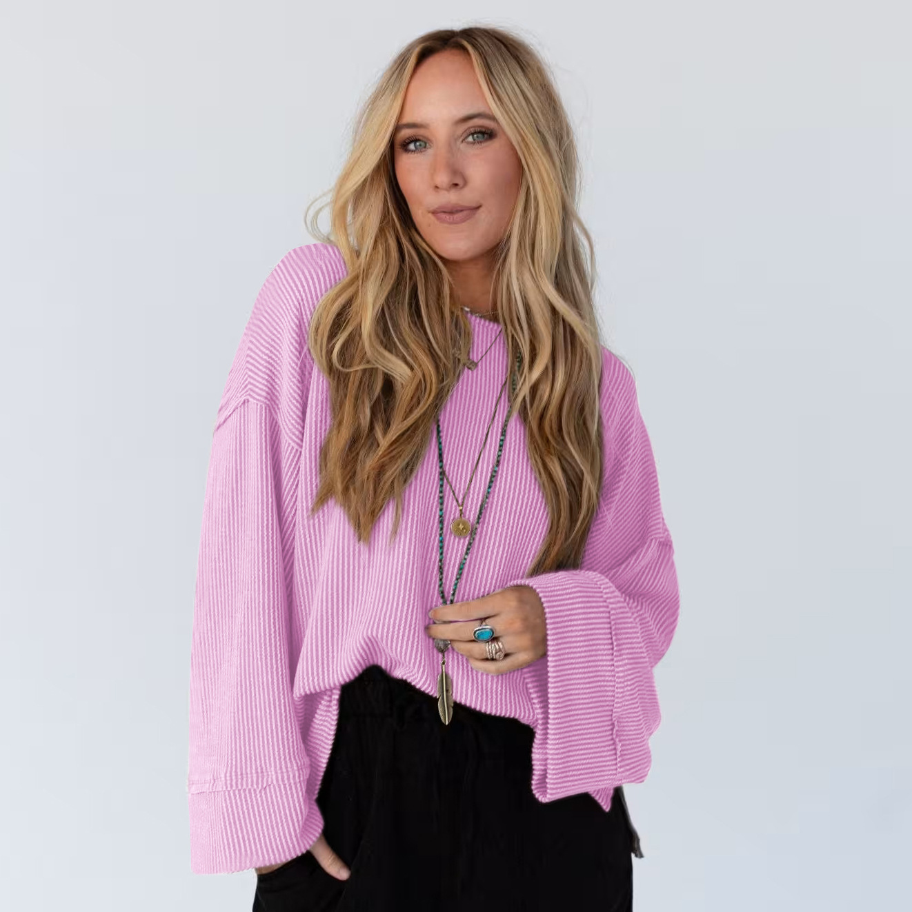 Women's Hollow Out Twisted Ribbed Long Sleeve T-Shirt Trendy Loose Casual Commuter Top