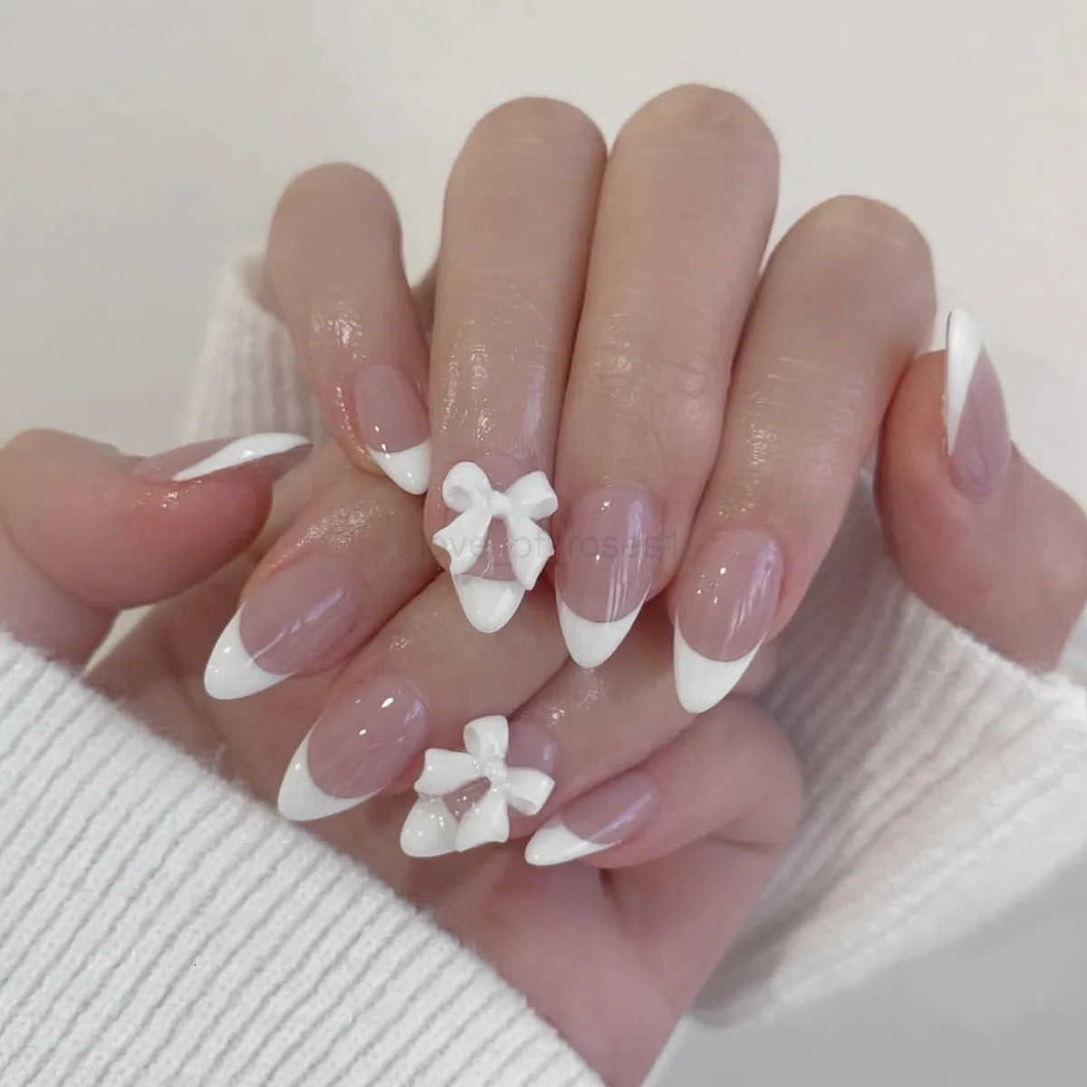24Pcs Almond Fake Nails White French Tips Press On Nails Nude Color Wearable Stick-on False Nails Patches 3D Bowknot Designs Z250807