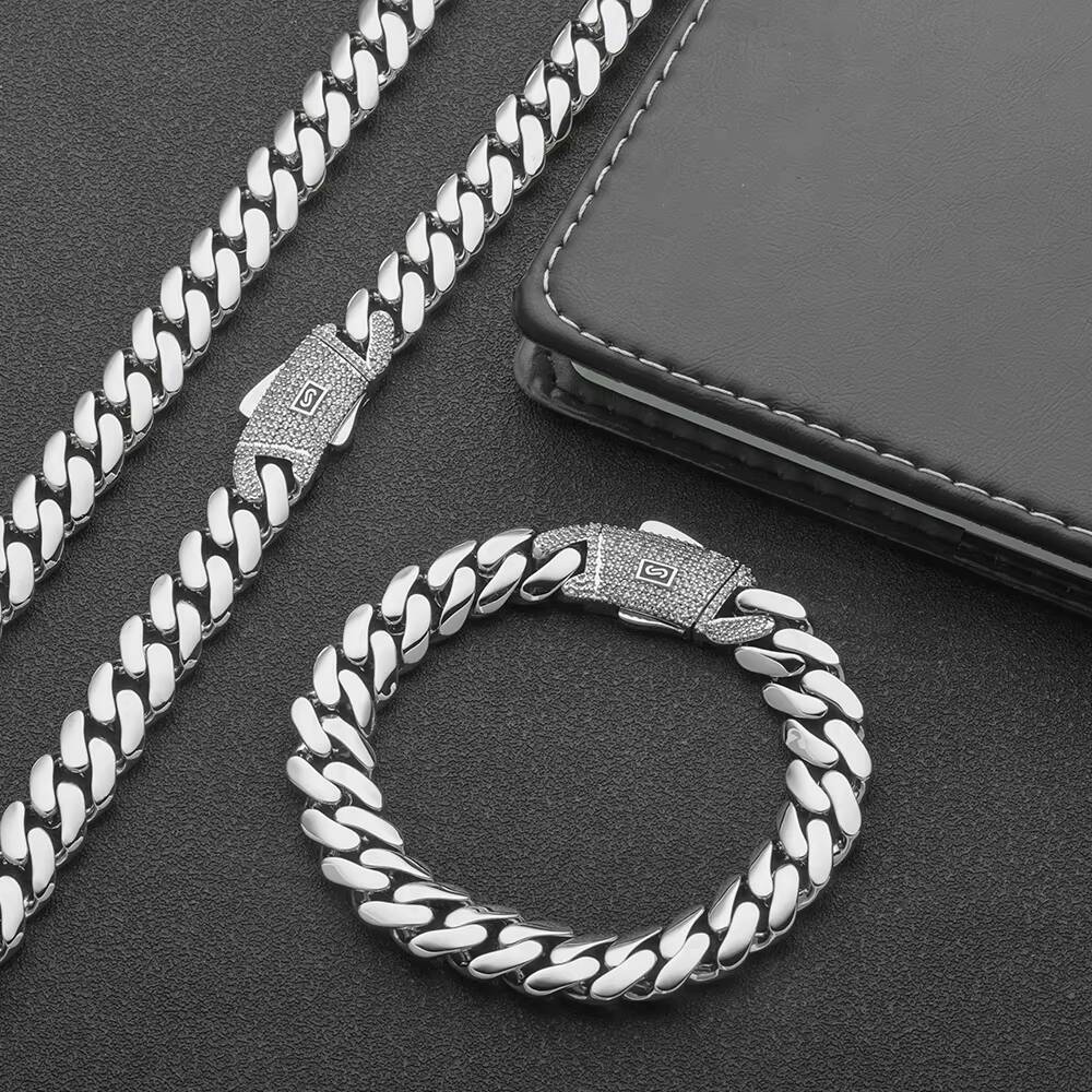 6/8/10mm Iced Diamond Clasp Flat Miami Cuban Link Chain 14K Gold Plated Thick Solid Cuban Link Chain Hip Hop Jewelry Men