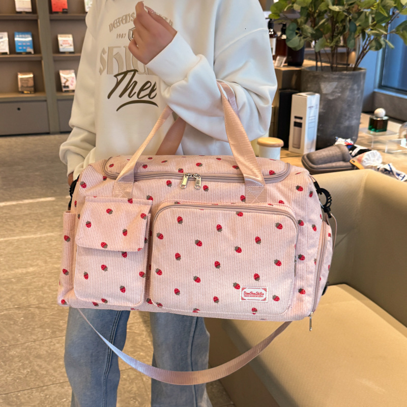 New Strawberry Corduroy Travel Large Capacity Lightweight Gym Handheld Shoulder Luggage Storage Bag