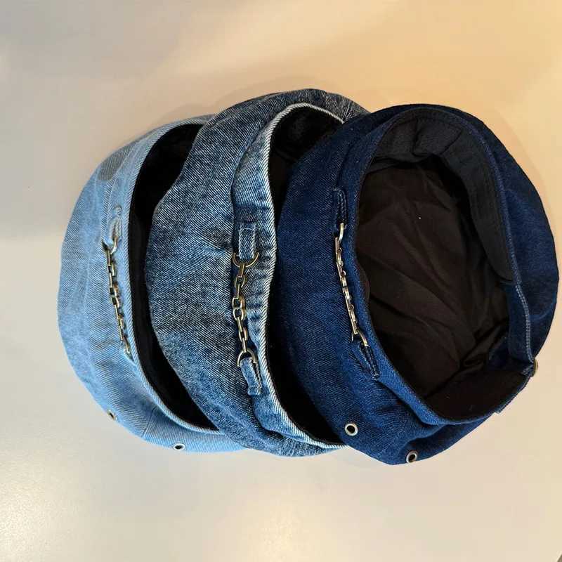 New Denim French Style Hat Chain Beret Childrens Outdoor Pumpkin Hat Versatile Hat Big Head Circumference Painter Hat XJ250807