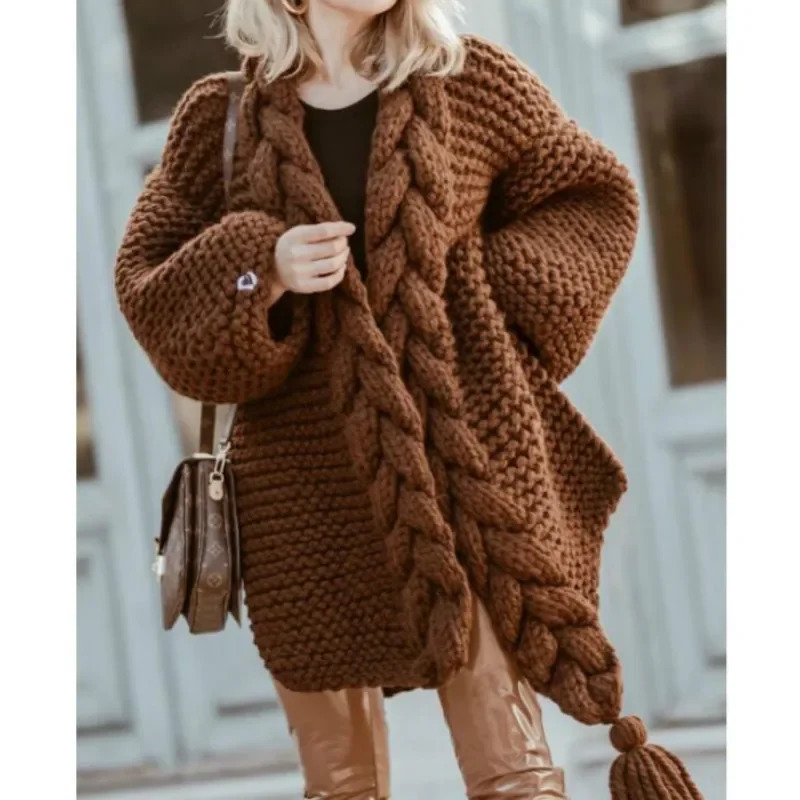 Hand-woven Split Wild Tassels Hook Twist Sweater Coat Crocheted Cardigan Autumn and Winter Thick Long Lantern Sleeve Crop Tops 250804